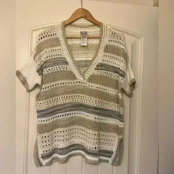 Chico’s Neutral & Gold Stripe Open-Weave V-Neck Tunic Size Small - Picture 4 of 9